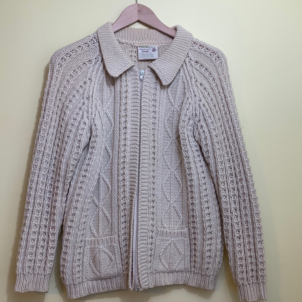 Gaeltarra | Cream New Wool Irish Fisherman Full Zip Collared Cardigan Sweater M